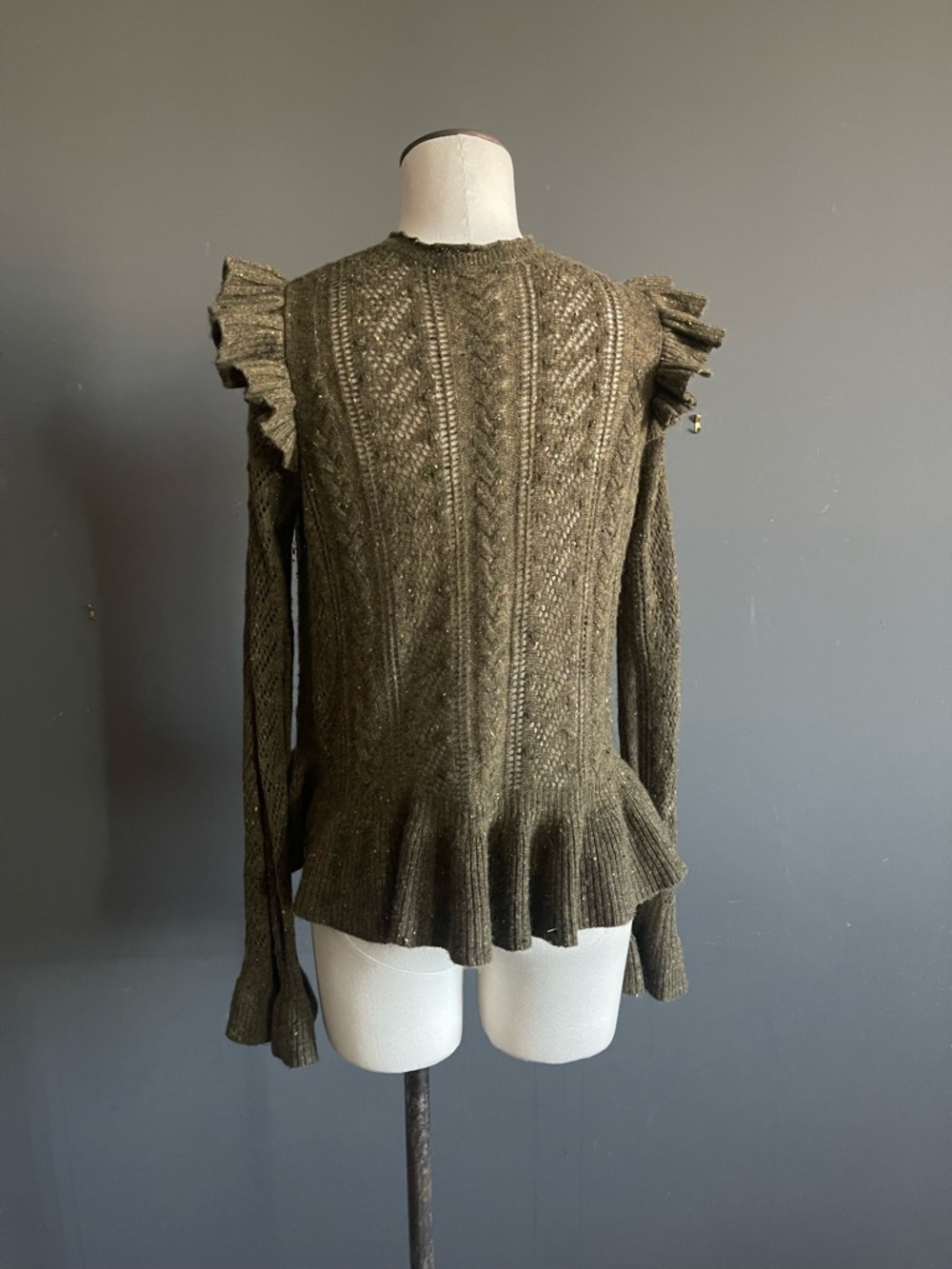 Ulla Johnson Cashmere Cardigan Ruffle Peplum Olive Boho Cozy Feminine Organic - Picture 5 of 9